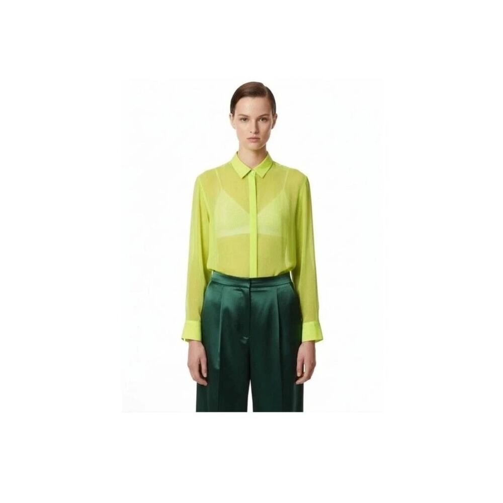 Wildfang The Empower Sheer Longsleeve Button Up Polo Neon Lime Green LARGE NEW